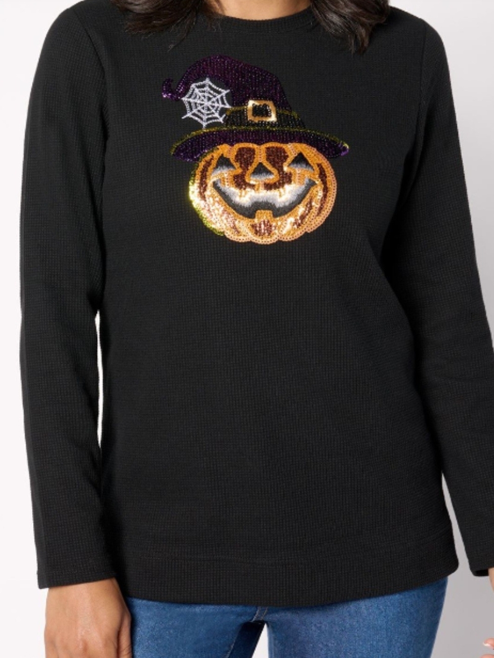 Quacker Factory Black Sequin Pumpkin Witch Hat Waffle Knit